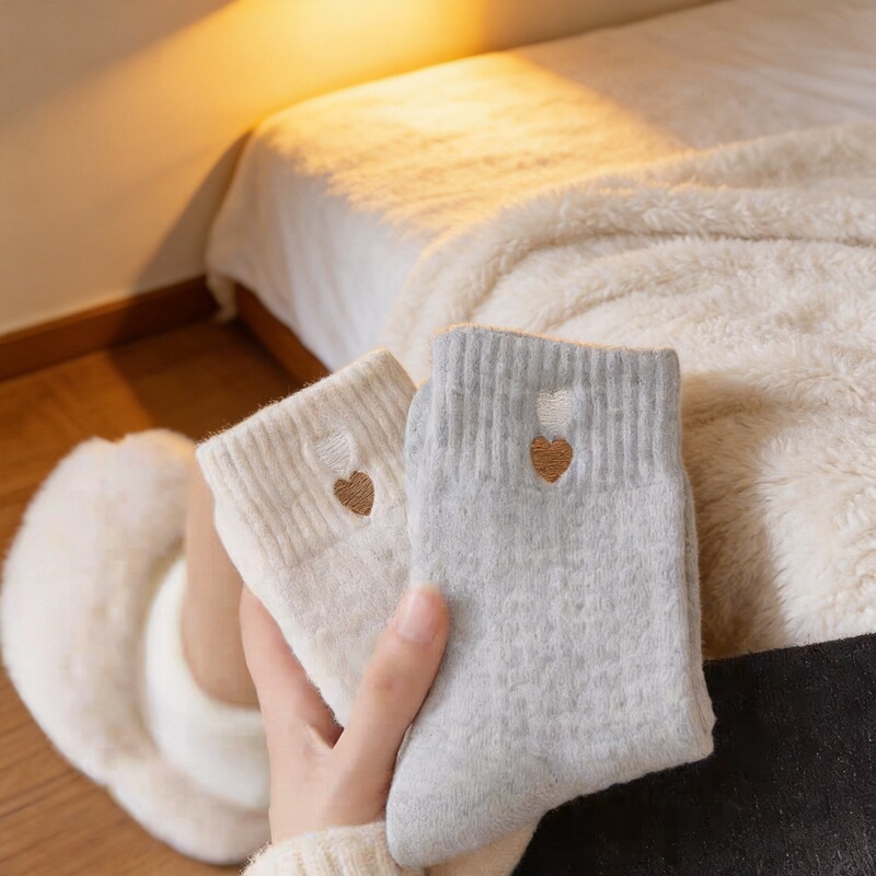 Women's Terry Socks for Autumn and Winter, Fleece-Lined and Thickened, Cute Mid-Calf Slouch Socks, Winter Warm Maternity Socks with Heart Gold Embroidery Women's Terry Socks for Autumn and Winter, Fleece-Lined and Thickened, Cute Mid-Calf Slouch Socks, Winter Warm Maternity Socks with Heart Gold Embroidery