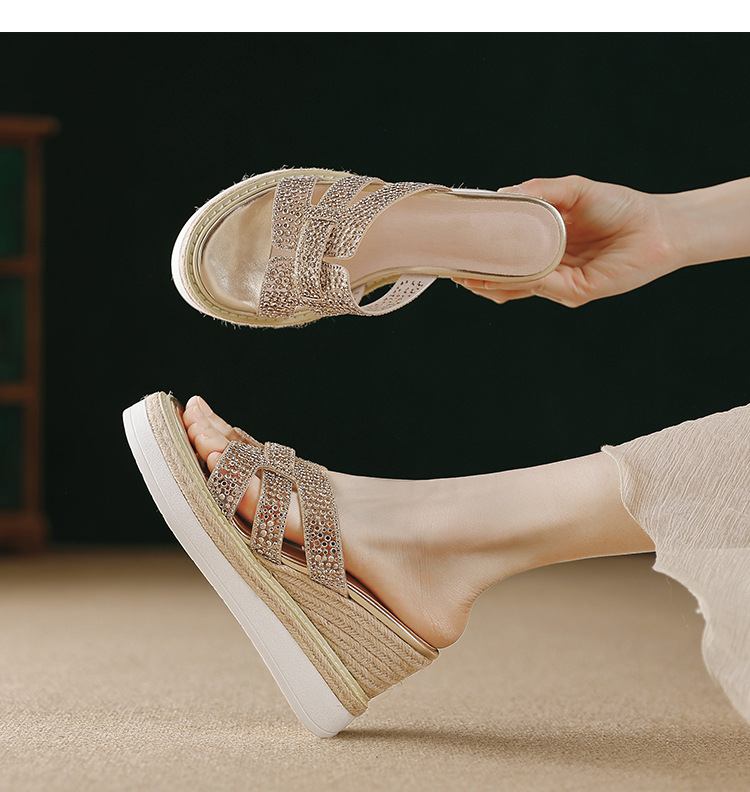 Sandal cao gót nữ hở mũi đính đá pha lê quai ngang đế xuồng — Champagne màu, bạc chi tiết 12