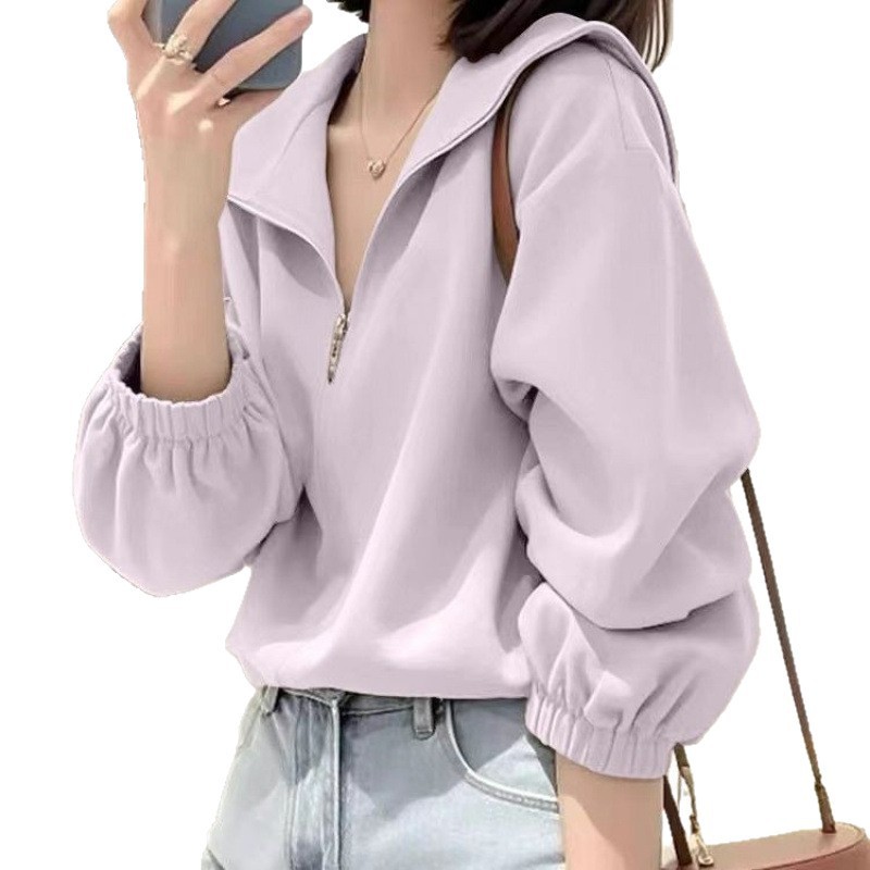 半拉链设计感连帽卫衣女秋季新款复古宽松落肩显瘦休闲长袖上衣潮|undefined
