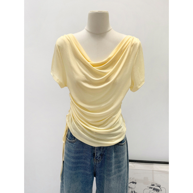 Korean-Style Popular Lyocell Tencel Yellow Drawstring Short-Sleeve T-Shirt Summer 2026 New Thin Pure Desire Top Korean-Style Popular Lyocell Tencel Yellow Drawstring Short-Sleeve T-Shirt Summer 2026 New Thin Pure Desire Top