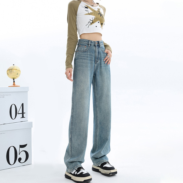 細身ワイドレッグジーンズ レディース 春秋新作 ハイウエスト ゆったり 着痩せ効果 小柄さん向け ストレート ロング丈パンツ|undefined