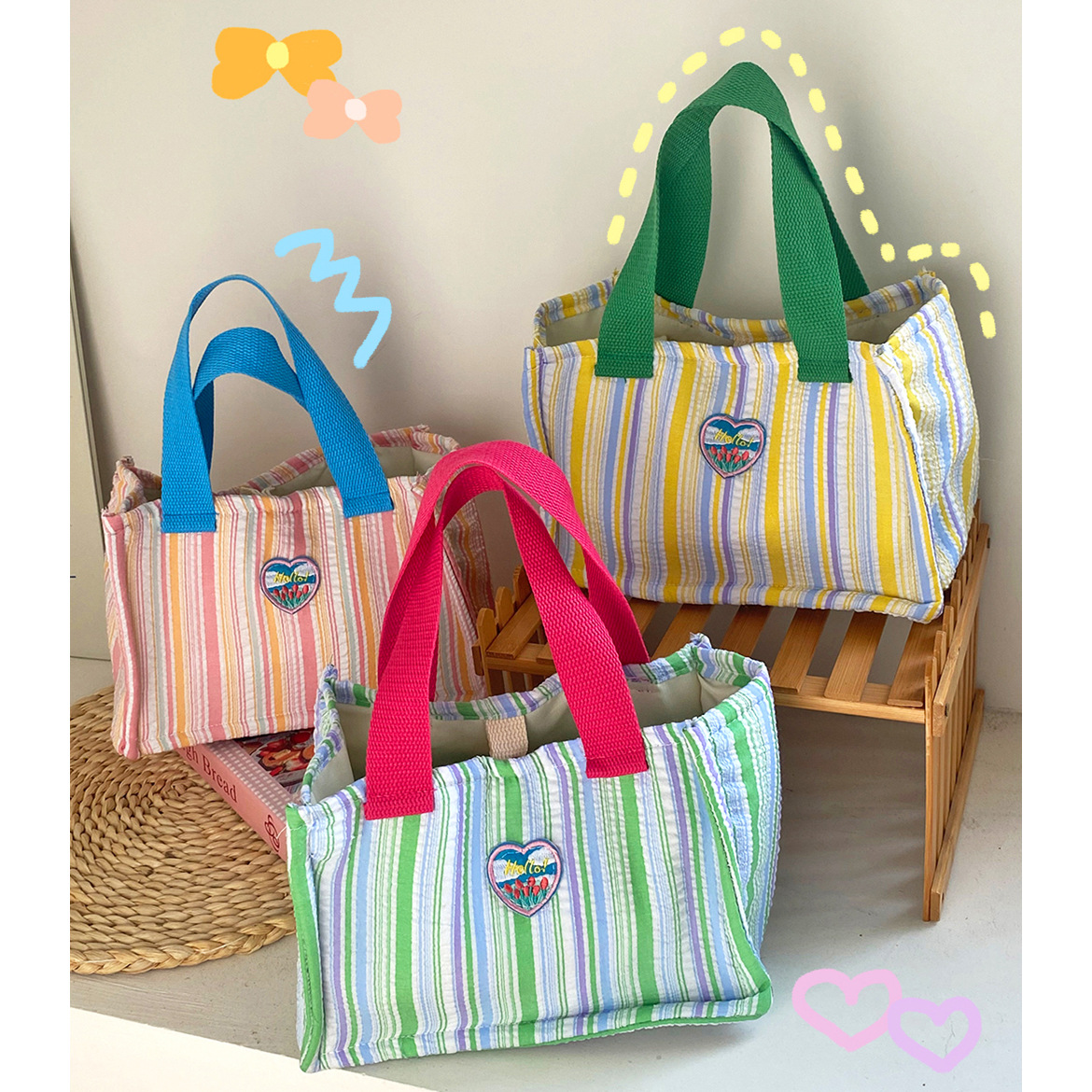 Bolsa de almuerzo de dopamina de contraste de color aislante de calor, bolsa de mano de rayas de espuma plegadas, bolsa de almuerzo encantadora para llevar bolsa de almuerzo al trabajo