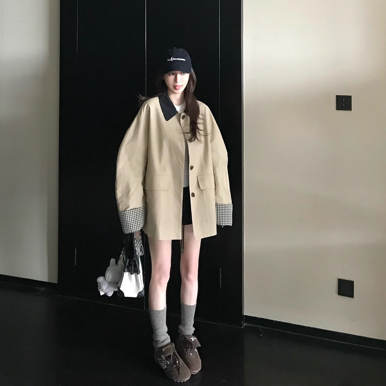 Fashionable Korean Contrast Color Khaki Windbreaker Women's 2025 Autumn New Contrast Color Plaid Patchwork Loose Jacket