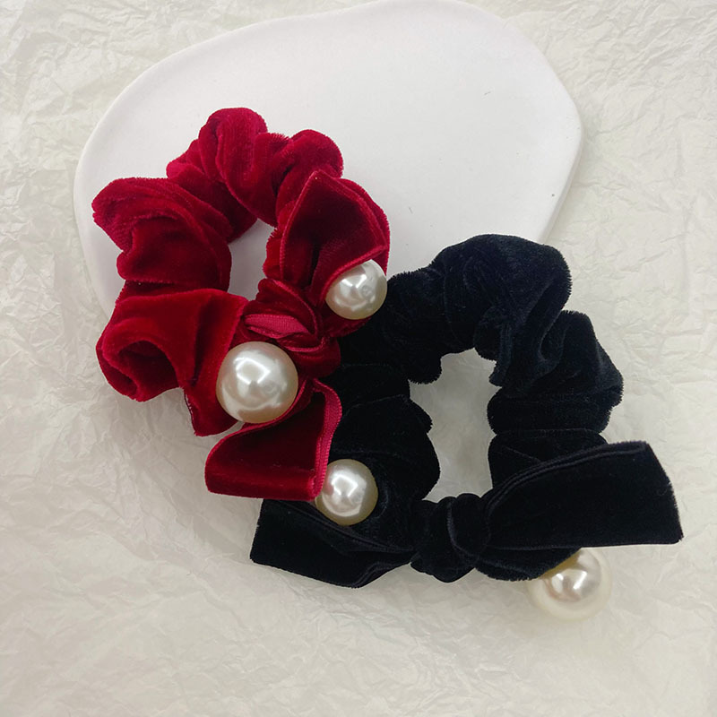 Elegant Solid Color Velvet Handmade Artificial Pearls Hair Tie 1 Piece6