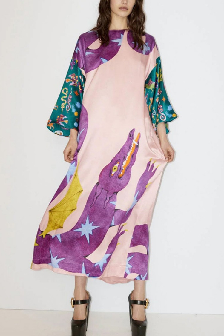 Autumn Retro Casual Loose Silk Long Sleeve Printed Maxi Dress