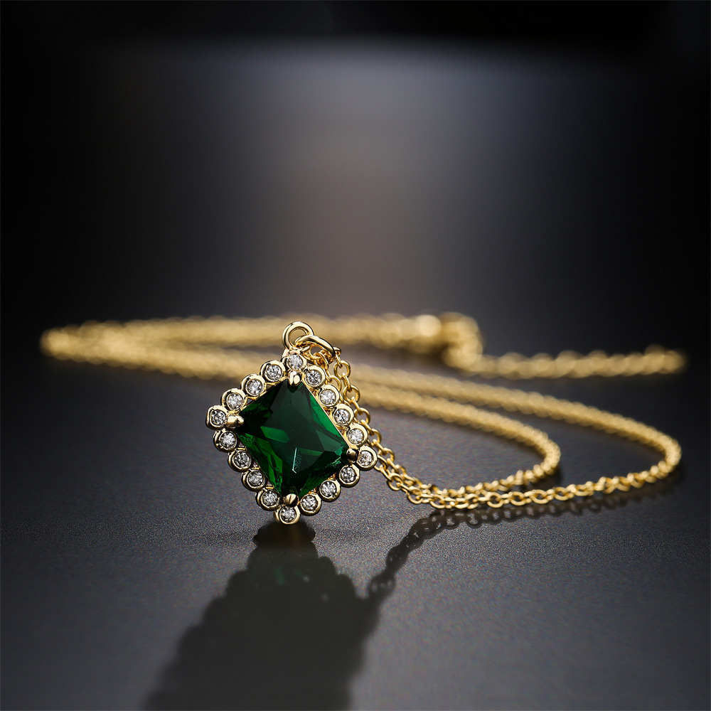 Square Emerald Zircon Pendant Copper Plated 18k Gold Necklace Female display picture 4