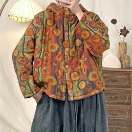 2025年冬季新款复古印花棉衣女宽松大码连帽棉袄时尚棉服