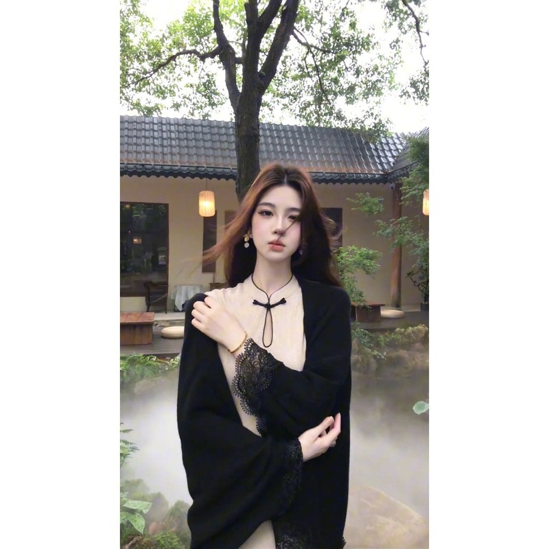 新中式国风秋季新款无袖旗袍连衣裙女蕾丝拼接披肩套装|undefined
