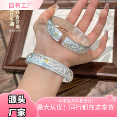 国风中式足银9999手镯女开口复古立体牡丹吉言平安喜乐手环送妈妈