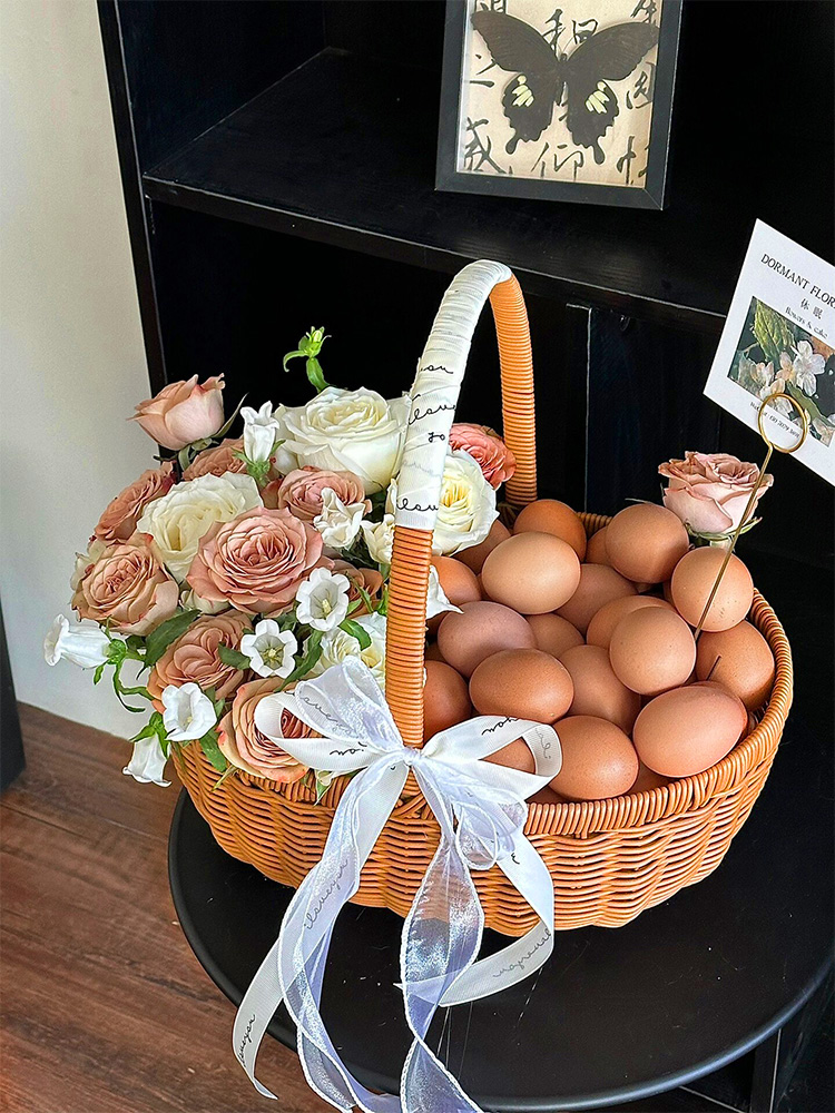 ✅✅网红雪纱蝴蝶结珍珠手提花篮创意手工编织小竹篮子拎插鲜花店