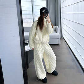 杏色加厚连帽棉服套装秋冬季松弛感垂感阔腿裤两件套女装休闲套装