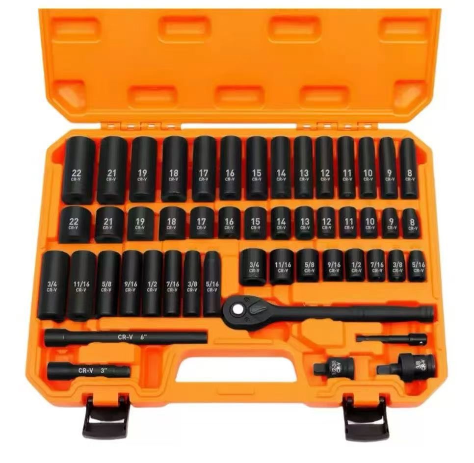 50-Piece Set of Metric and Imperial 3/ 8inch Impact Socket Set, Chrome Vanadium Steel Mechanic's Tool Set with Extended Ratchet Handle