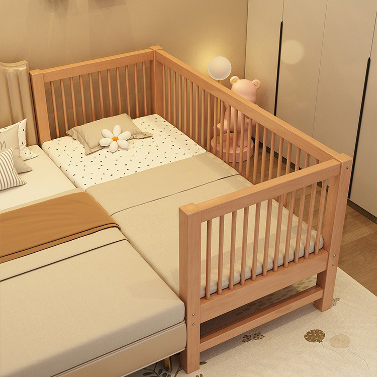 Full Beech Solid Wood Children's Bed with Guardrail Small Bed Baby Boys and Girls Single Bed Side Bed Widened Spliced Big Bed