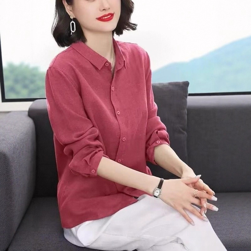 棉麻衬衫女长袖2025春秋季新款韩版翻领大码宽松中年气质文艺上衣|undefined