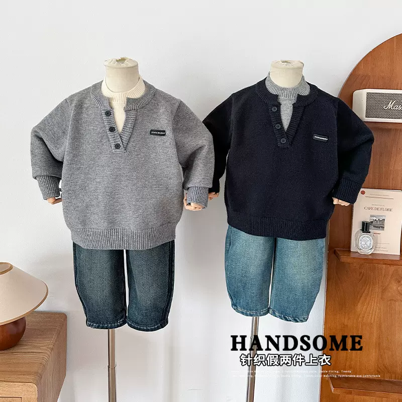 风之谷2025冬季新款儿童韩版假两件加厚毛衣男女童领口开叉针织衫