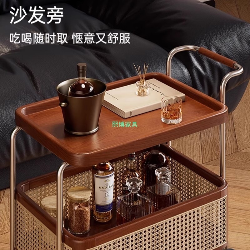 实木可移动边几收纳中古风小推车客厅沙发储物置物架藤编零食餐车|undefined