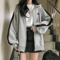 外贸跑量款韩版长袖原宿风卫衣拼色刺绣字母卫衣加绒拉链外套INS