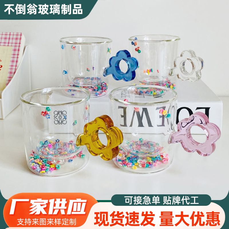 双层高硼硅玻璃爱心流沙杯少女学生杯家用牛奶咖啡杯风双层玻璃杯