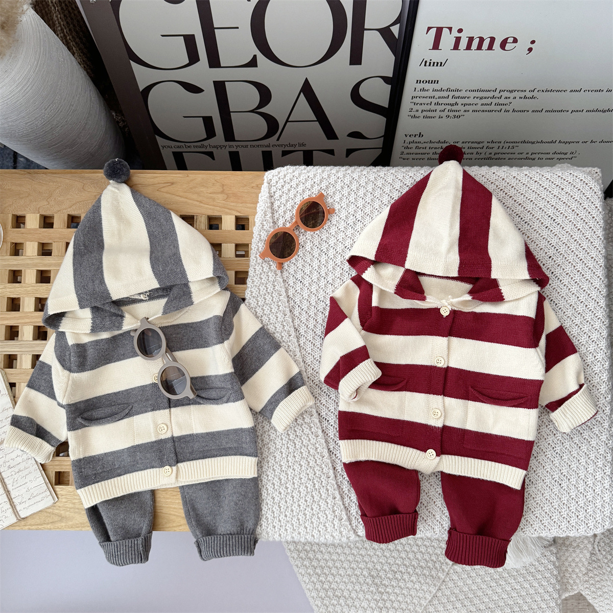 秋季新款婴儿衣服背带裤套装 韩版色织条纹针织毛线卫衣宝宝哈衣