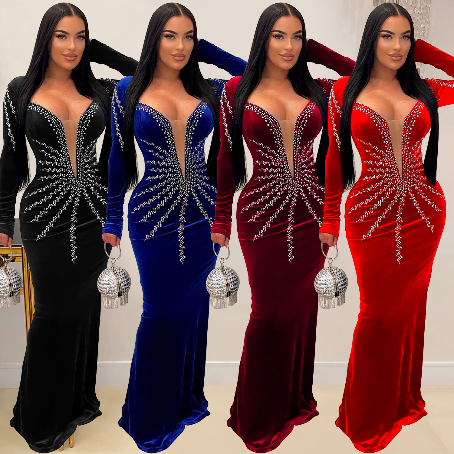 C6827 transfronterizo AliExpress Amazon europeo y americano de la moda de las mujeres color sólido sexy rhinestone Vestido de manga larga image 1