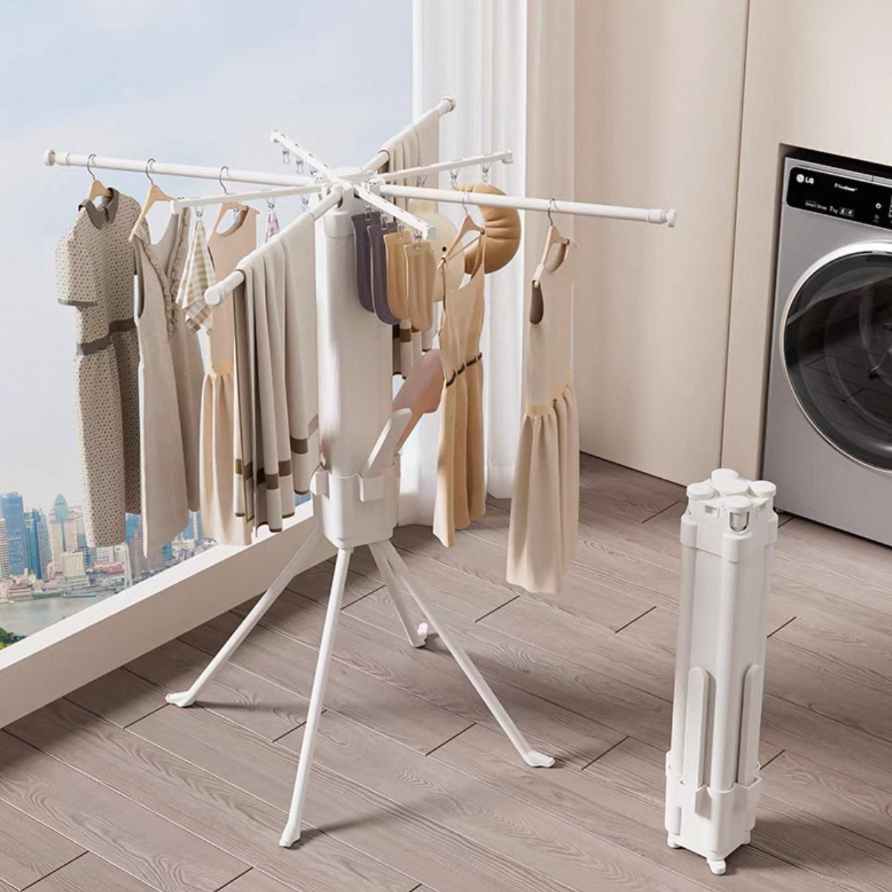 Portable Folding Floor-Standing Clothes Drying Rack for Balcony Indoor Home Use, Octopus Multifunctional Eight-Claw Movable Clothes Drying Artifact