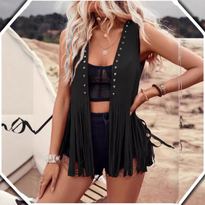 Women's Tassel Vest Sleeveless 70S Hippie Faux Suede Tassel Jacket Cardigan Halloween Hot Sale Trend
