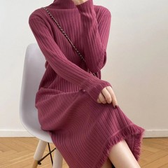 ロング膝丈ニットワンピース2025秋冬新作ハーフタートルネックタッセルセーターワンピース