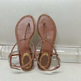 2025夏季新款时尚水钻一字带夹趾凉鞋人字拖鞋海边沙滩平底凉鞋女