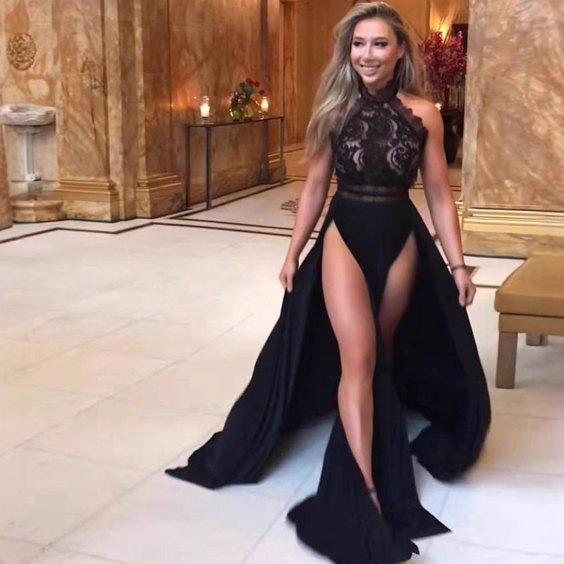 Cross-border European and American Sexy Perspective Lace Naked Back High Split Dress Long Women's Amazon Hot Evening Dress