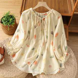 Real Shot of Summer French Retro Gradient Blooming Floral Pleated Three-Quarter Sleeve V Neck Lace-Up Draped Work Clothing Shirt for Women