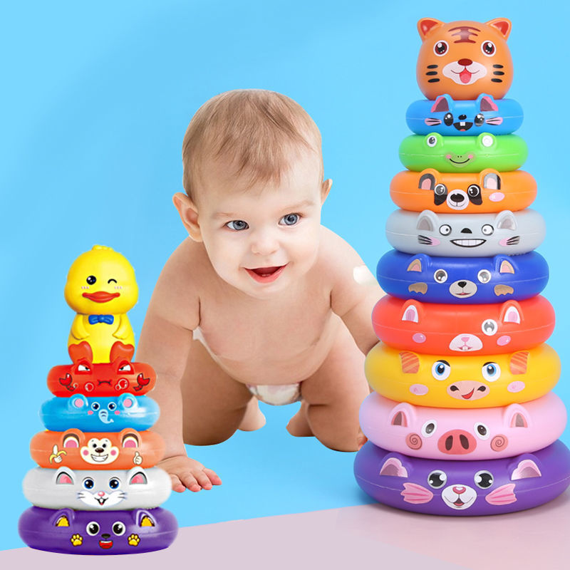 Niños lanzando jengle bloques de construcción pato juguete Arco Iris Torre anillo desarrollo cerebro juego puesto de juguete