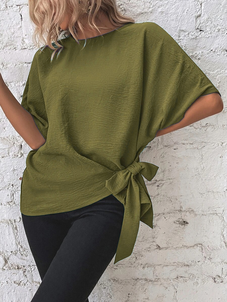 2025 European and American Cross-border Women's Summer New Solid Color Bat Sleeve Shirt Loose Casual Short Sleeve Commuter Top