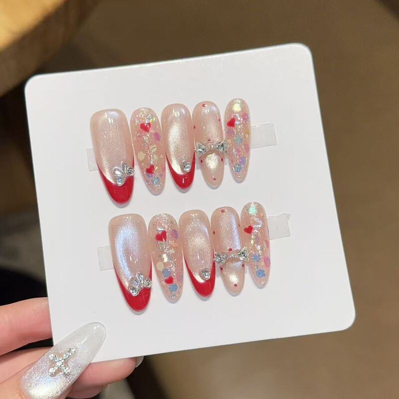 Berry Jam Sweet Girl French Cat Eye Long Handmade Wearable Nail Art Stickers Fake Nails