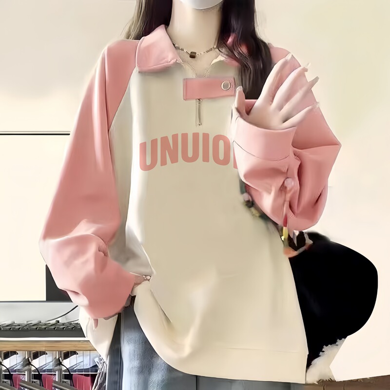 Pink Raglan Polo Collar Sweatshirt for Women Spring, Autumn and Winter New Style Junior High School College Student Lapel Zipper Loose Top Pink Raglan Polo Collar Sweatshirt for Women Spring, Autumn and Winter New Style Junior High School College Student Lapel Zipper Loose Top