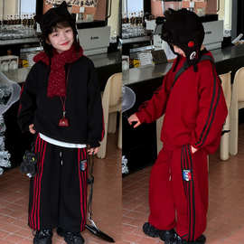 顽兔2025男童冬款美式拉条贴标中大童卫衣卫裤加绒加厚儿童套装潮