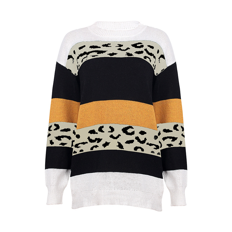 Crew Neck Leopard Pattern Color Blocking Sweater Wholesale Clothing Suppliers