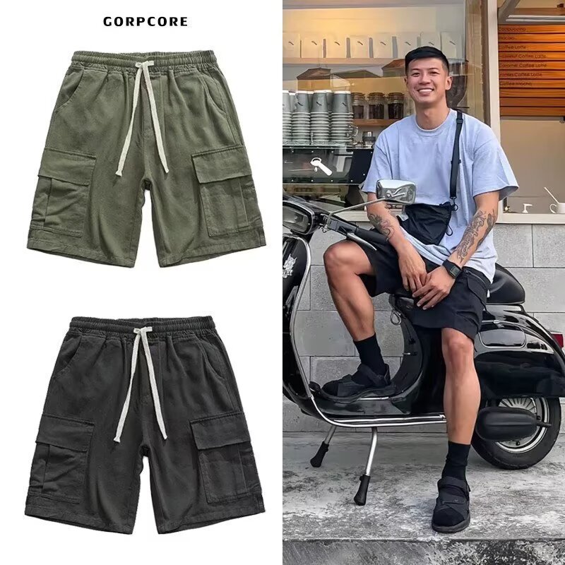New Summer Japanese-Style Army Green Work Shorts for Men, Loose Trendy High Street Versatile Functional Casual Shorts