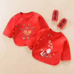 Newborn Half-Back Shirt Pure Cotton Boneless Thin Red Festive Top for Infants and Toddlers 0-2 Baby Full Moon Clothes