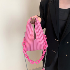 2024純色PU潮流個性風琴褶子母包簡約女包單肩包斜挎包鏈條女包
