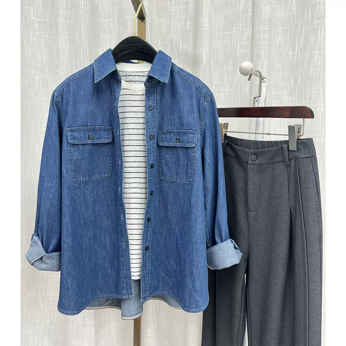 鑫阁复古港风质感牛仔衬衫女秋季新款宽松显瘦叠穿内搭休闲衬衫