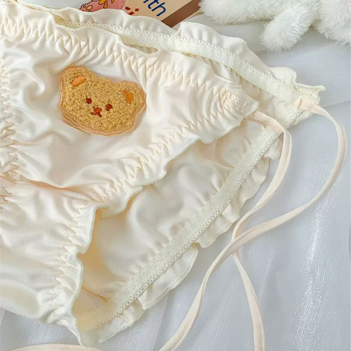 Adorable Bear Cute Girl Heart Ice Silk Underwear for Women Pure Cotton Hip Antibacterial Removable Bowknot Student Low-Rise Triangle Pants