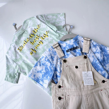 日本外贸凉感中小童短袖T恤儿童宽松短袖上衣扎染短刺绣字母童装