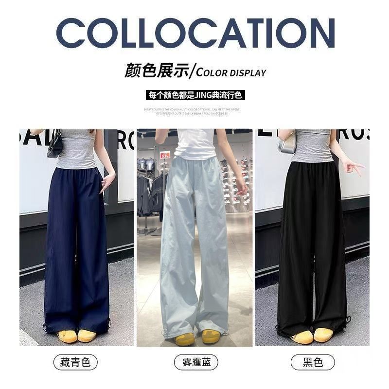 女性用ネイビーブルーカーゴパンツ、夏用薄手カジュアルルーズストレートワイドレッグパンツ、小柄な人向けの速乾性アメリカンスポーツパンツ|undefined