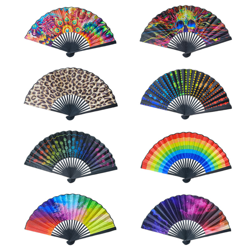 23cm Black Straight Bone National Style Satin Fan Rainbow Series Abstract Painting Style Folding Fan Classic Ancient Style Small Folding Fan display picture 1