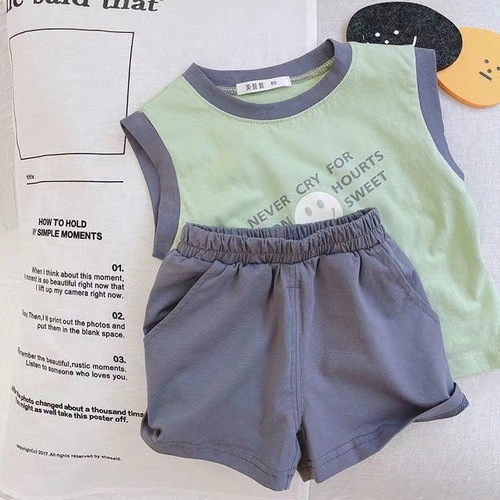 Pure Cotton INS Korean Style Children's Smiling Sleeveless Tank Top and Shorts Set for Boys Fashion Thin Summer Two-Piece Set