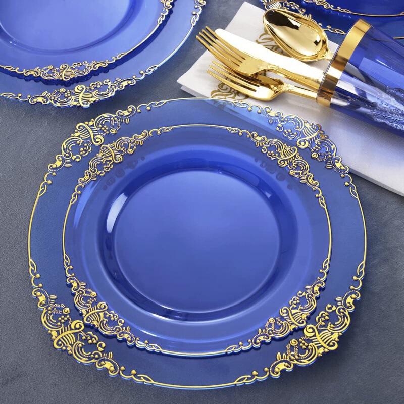 Bronzing Transparent Blue Relief Plate Disposable Dinner Plate Silver Edge PS Hard Plastic Rose Gold Tableware suit Cross Border