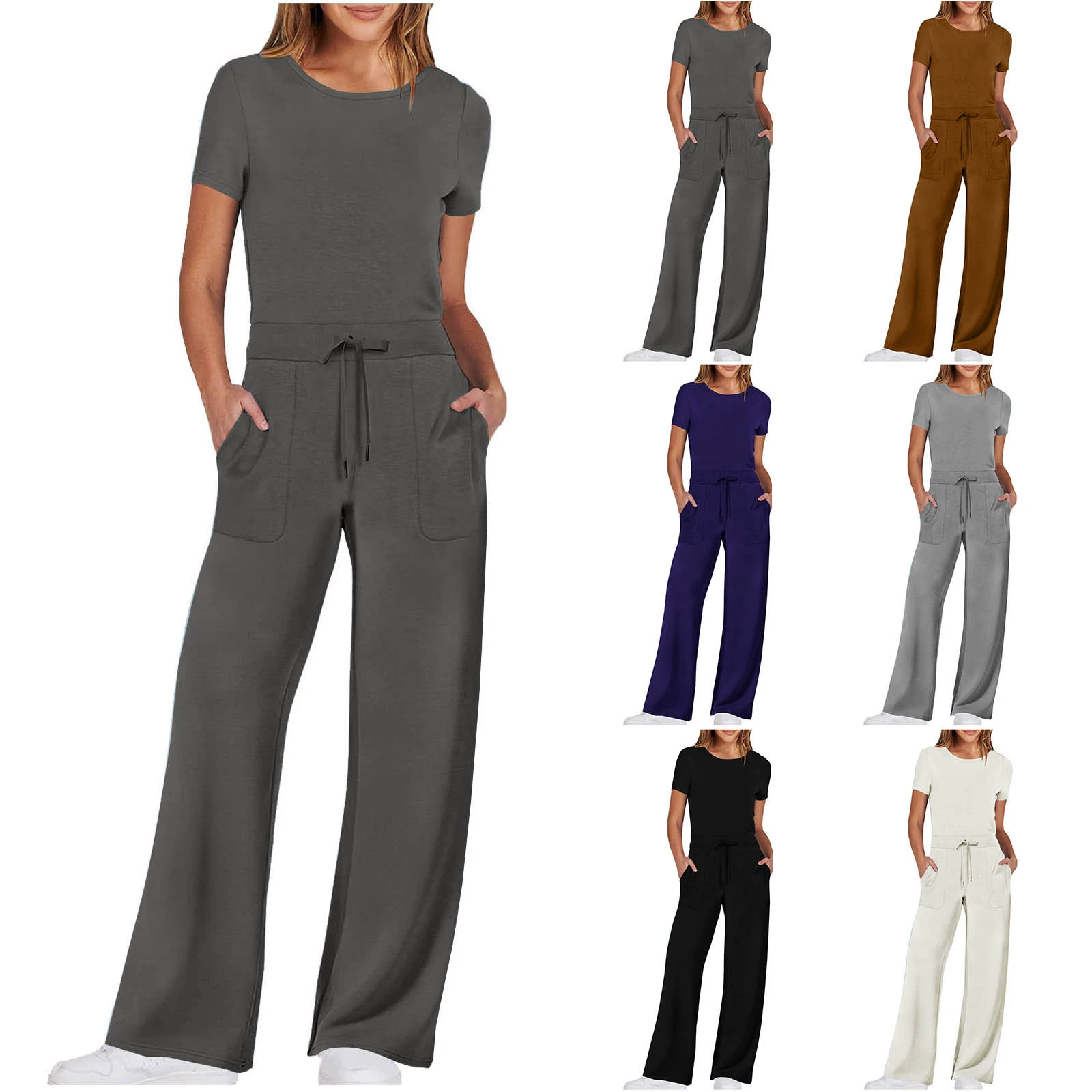 2024 весна и лето новая дикая европейская и американская мода тонкая повседневная женская одежда с короткими рукавами однотонные пригородные комбинезоны