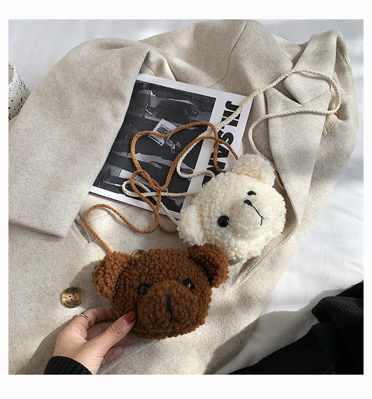 Round Shape Mini Size Women's Mini Plush Bear Solid Color Cute Round Zipper Crossbody Bag