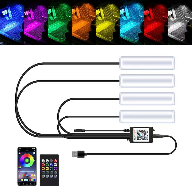 Luz de ambiente del automóvil, modificación gratuita en el automóvil, luz de ambiente LED de ocho colores, luz de pie usb del automóvil, luz de ritmo de música interior