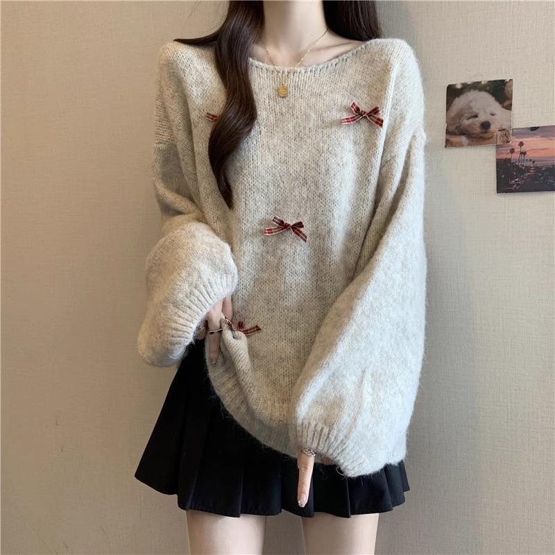 Korean Style Three-Dimensional Bow Knitted Sweater Pullover Sweater Women's 2025 Winter plus size chubby girl Long Lantern Sleeve Top